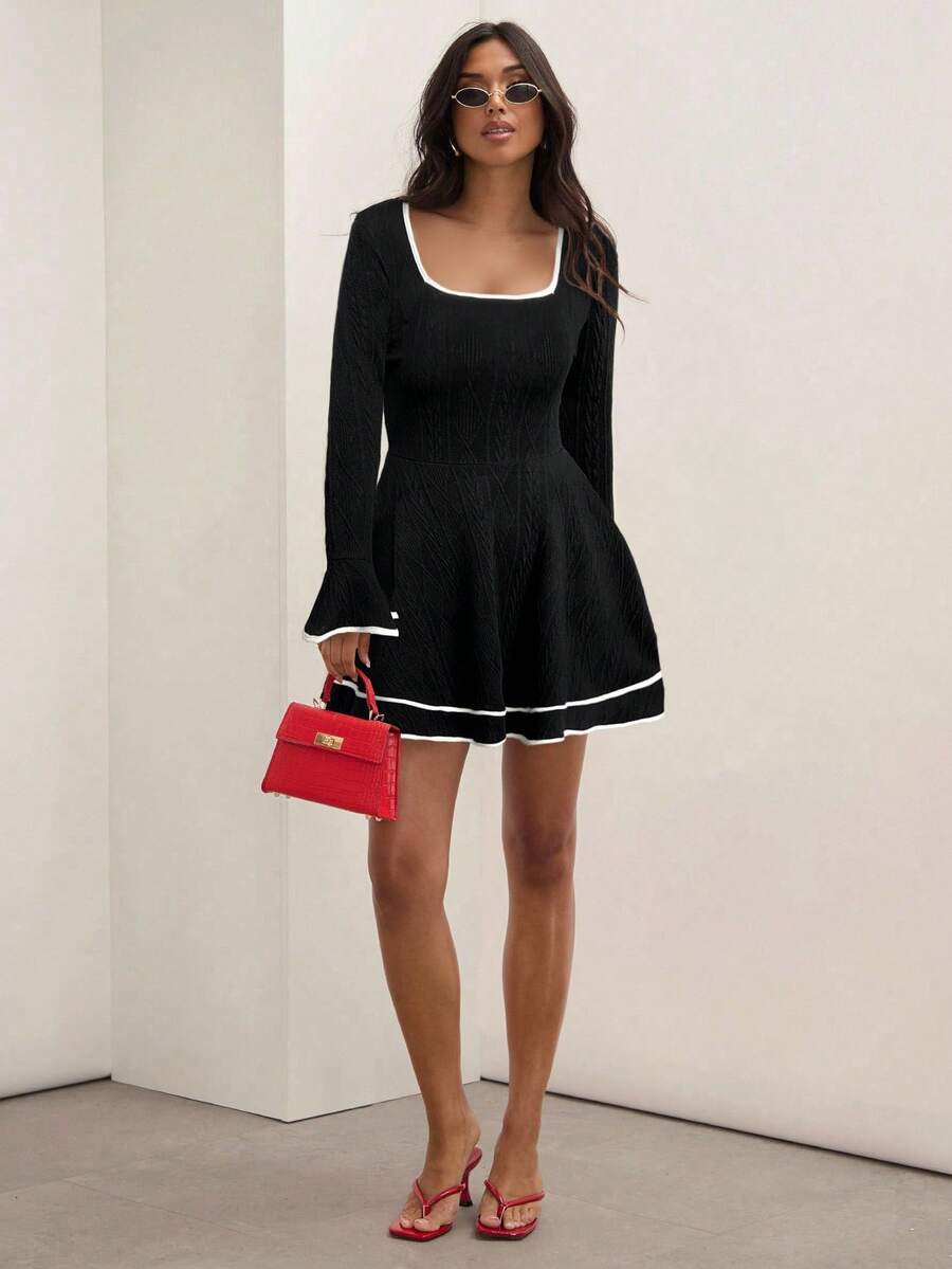 COSMINA 女式方领喇叭袖荷叶边下摆迷你连衣裙 - 黑與白 - 查看 1