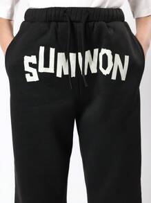 SUMWON 印花运动裤，舒适休闲，青少年慢跑裤款式，弹性腰带，可调节抽绳，适合秋冬季日常穿着。 - 黑色 - 查看 6
