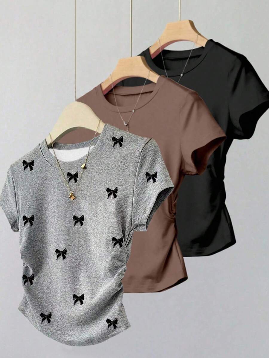 女士休闲褶饰短袖T恤，夏季百搭 - 灰色 - 查看 1