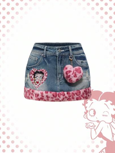 Betty Boop | ROMWE Y2K Baddie Cartoon Figure Graphic Embroidery Patchwork Leopard Print Frayed Super Low Waist Mini Denim Skirt