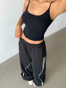 SHEIN BASICS 女士休闲纯色针织宽松阔腿运动裤 - 黑色 - 查看 6