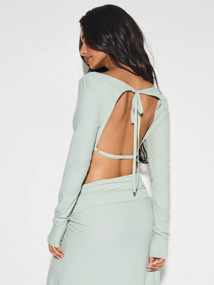 KIZN Backless Boat Neck Crop Top With Tie Detail