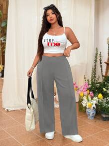 SHEIN EZwear 大码女式纯色简约直筒休闲裤 - 灰色 - 查看 3