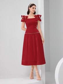 Modelyn Women's Solid Color Bow Decor Off Shoulder Elegant Dress - Red - View 2