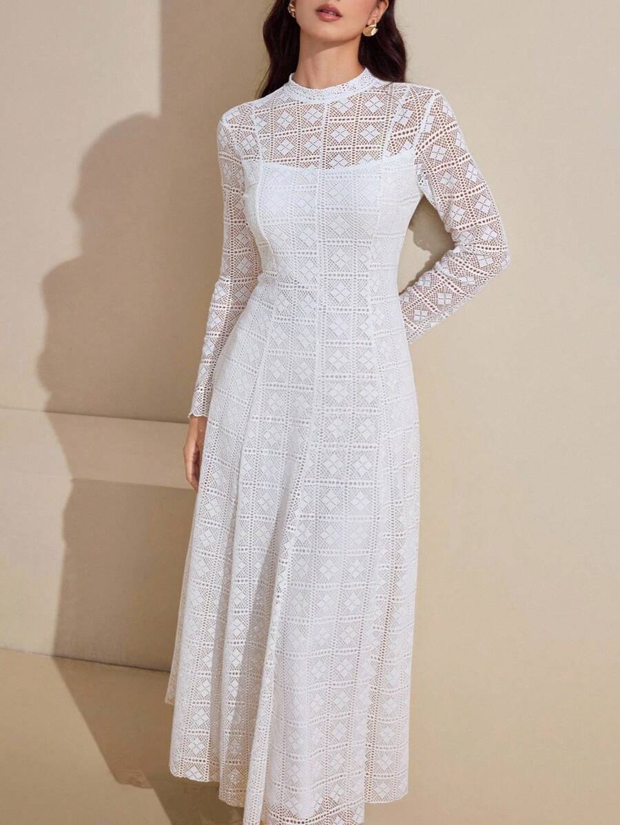 Graceveil Váy dài tay kiểu Pháp thanh lịch dệt kim jacquard cho nữ - trắng - Xem 1