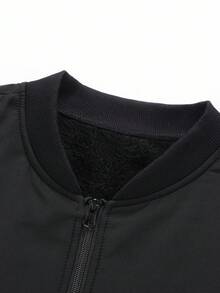 Manfinity Homme Men's Plus Size Solid Color Fleece Baseball Jacket,Winter Warming Zip-Up Collar Long Sleeve Casual Black Jacket,Modest Style For Date And Fall - Black - View 4