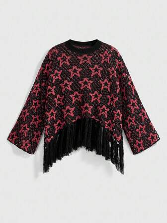 Goth Gothic Dark Five-Pointed Star Applique Distressed Pullover Sweater