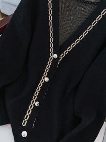 GlowEve CURVE Cárdigan de manga larga con cuello en V y estampado de cadena, informal para otoño/invierno, talla grande - Negro - Ver 6