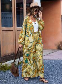 Breezaya Women's Vacation Casual Cardigan & Pants 2 Pieces Set (Random Floral Pattern)