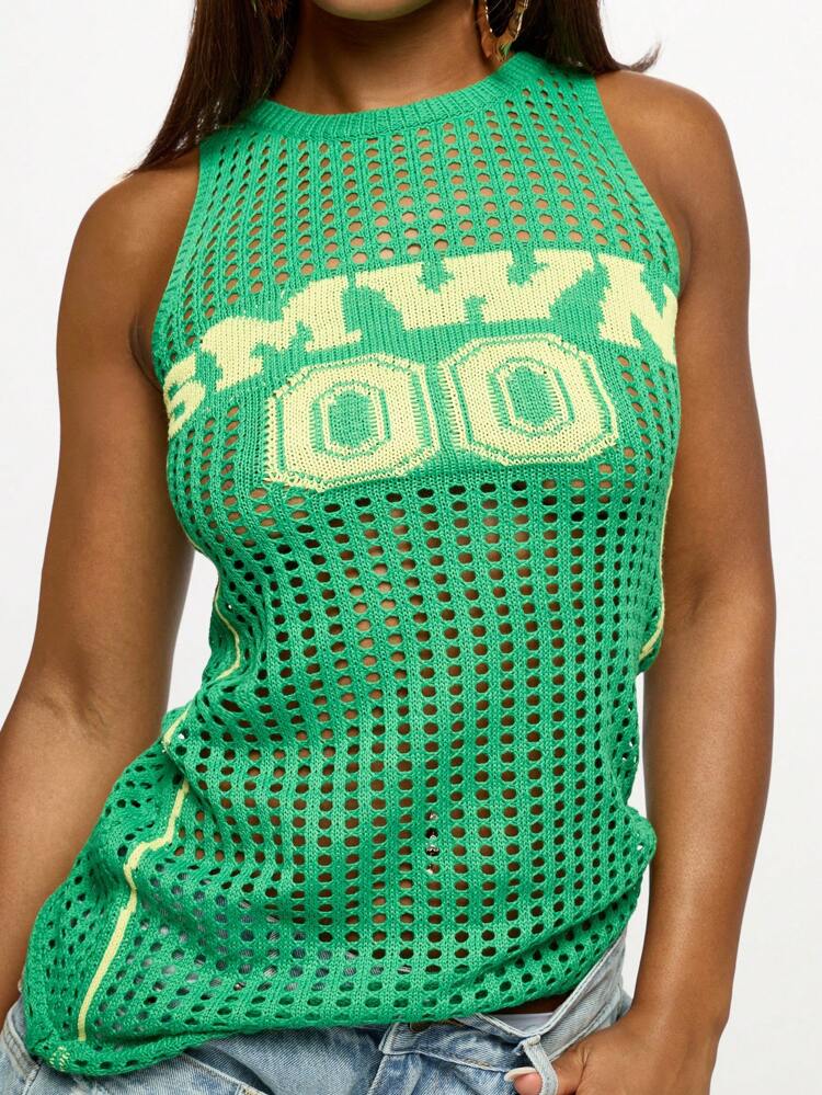 SUMWON WOMEN Crochet Varsity Mini Dress With Mesh Pattern