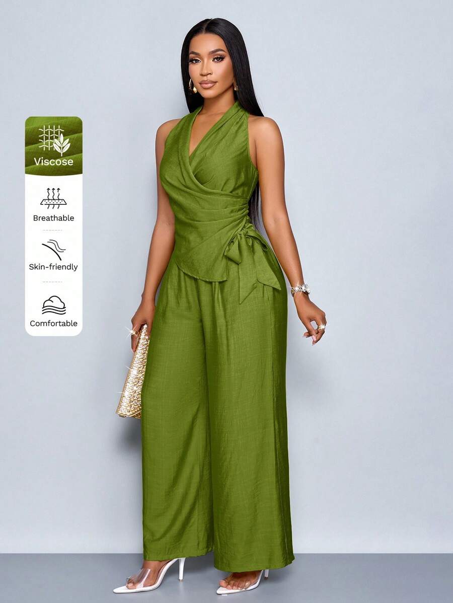 SOLERSUN 女士纯色褶皱侧系腰无袖上衣和裤子两件套休闲套装 - 軍綠色 - 查看 1