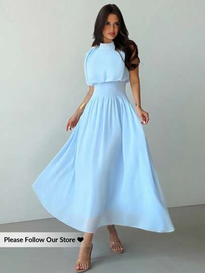 Firerie Women's Elegant High Neck Waist Flare Dress, Women Summer Dress, Spring Summer Clothing, Beach Outfit, Commuter, Elegant, Sexy, Vacation, Beach, Bohemian, Hawaii, Music Festival, Romantic, Date, Wedding Season, Graduation Dress, Prom, Performance Wear, Concert, Work Attire Blue