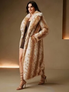 Anewsta Manteau long élégant et luxueux pour femmes avec col en fausse fourrure imprimé léopard, blocs de couleurs, hiver - Multicolore - Voir 5