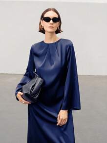 Uhlyne Đầm ôm dáng tay dài cổ tròn thanh lịch tối giản dành cho nữ dự tiệc đi làm hàng ngày - Màu xanh hải quân - Xem 3