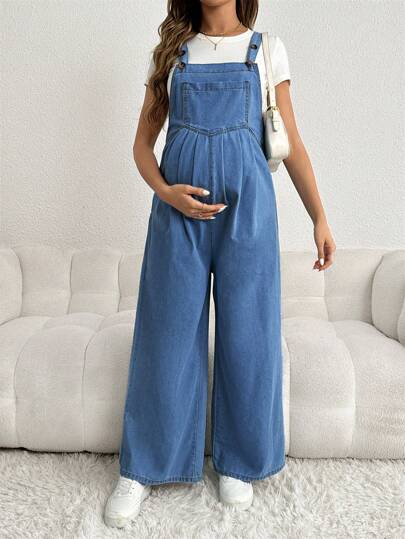 SHEIN Maternity Adjustable Denim Bib Pants Wide Leg Casual Loose Blue Overalls