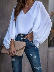 INAWLY Plus Size Casual Commuter Solid Color Lantern Sleeve Shirt Fall Cloth For Women - White - View 1