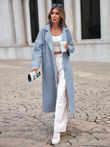 EURMUSE Của phụ nữ Màu thuần Thả vai Eo Thắt lưng Len áo - Màu xanh nhạt - Xem 5