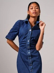 COSMINA 女士时尚通勤褶饰合身前扣牛仔连衣裙教师装；外出装 - 深色水洗藍 - 查看 5