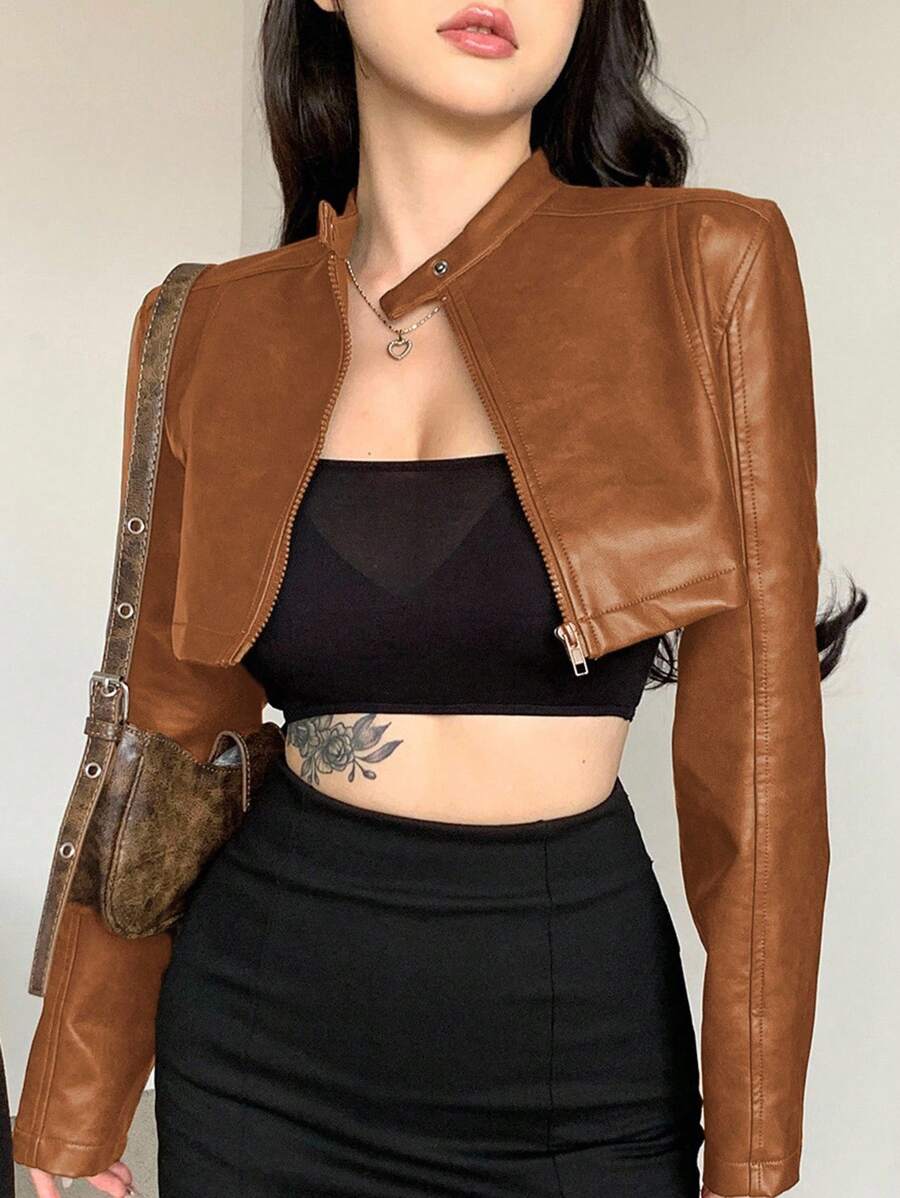 DAZY 女士时尚短款 PU 皮夹克，街头风格开衫外套，秋季 - 亮橙色 - 查看 1