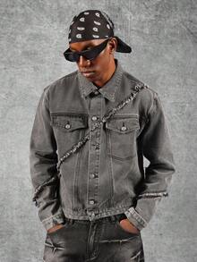 SUMWON Distressed Grey Denim Trucker Jacket Ripped Design Street Fashion Casual Outerwear Winter Fall Vintage Modern Urban Design - Grey - View 7