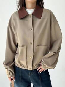 Aloruh 女士撞色翻领落肩长袖单排扣休闲常规夹克秋季女士冬季女士休闲拼色领夹克，春秋季，毕业典礼，返校秋季女士秋季所有女士秋季女士秋季秋季女士秋季女士秋季冬季女士冬季女士冬季夹克女士返校节学校女士夹克时尚秋季