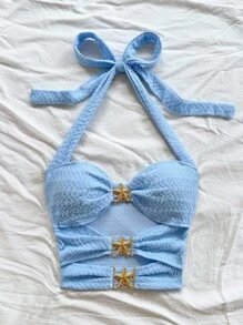 Soleia 镂空露背挂脖系带五角星金属装饰修身背心，适合女士，适合节日、约会、下午茶、度假、音乐节、波西米亚风格 - 淺藍色 - 查看 4