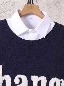 SHEIN Suéter de manga comprida com estampa de letras em cores contrastantes para adolescentes (meninos) - Azul - Ver 7