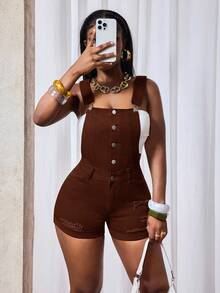 SHEIN SXY Quần yếm denim rách màu trơn thời trang mùa hè - Cà phê nâu - Xem 7