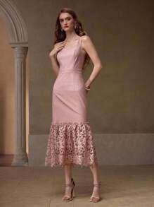 PREMIUM LEATHER PATCHWORK EMBROIDERED ELEGANT VACATION MERMAID MIDI DRESS FOR PARTY - Burgundy - View 5