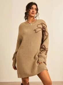 Freevana Plus Size Women Floral Embroidery Pattern Dropped Shoulder Loose Knit Sweater Dress, Casual Everyday Wear, Autumn/Winter Knit Dress Earth Tone Dress Autumn Dress Fall Clothes For Women Winter Clothes For Women Business Casual Woman Fall Clothes Plus Size Boho Rave Fairycore Office Autumn Festival Alt