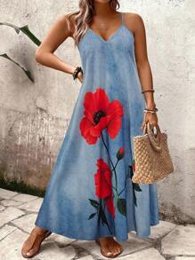 SHEIN Clasi 加大码女式花卉玫瑰印花细肩带 V 领连衣裙，宽松舒适 - 藍色 - 查看 7