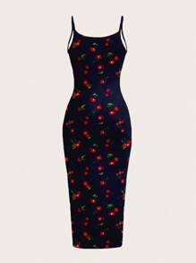 SHEIN EZwear 休闲简约樱桃印花紧身吊带长裙，适合夏季 - 彩色 - 查看 2