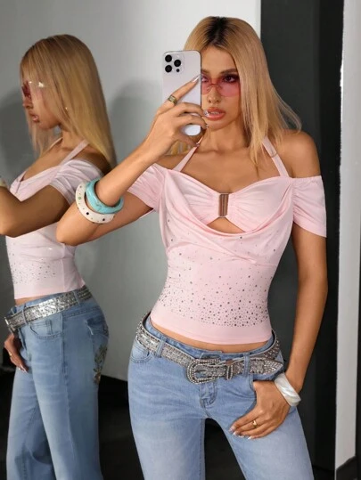 Jeanoix 复古前卫低胸金属装饰水钻褶饰粉色女式T恤