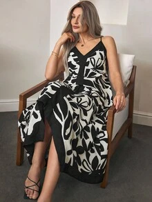 Louniche Vestido longo casual com estampa floral feminino adequado para férias - Preto - Ver 1