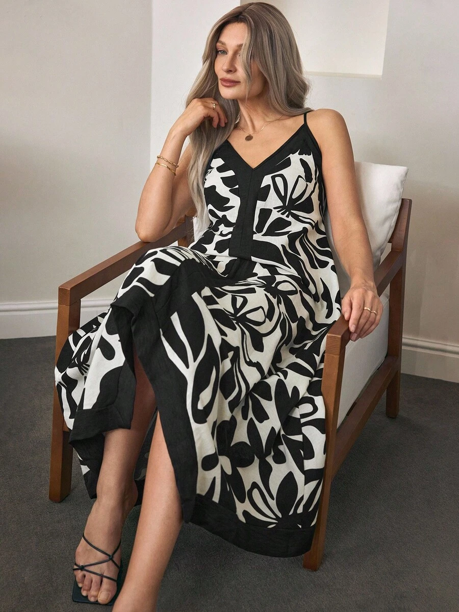 Louniche Vestido longo casual com estampa floral feminino adequado para férias - Preto - Ver 1