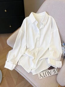 INAWLY 大码女式休闲百搭纯色长袖衬衫