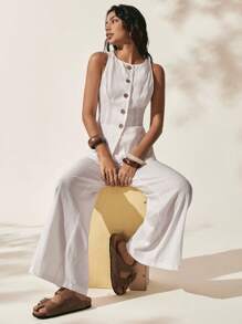 Easelle Set de 2 piezas Top de Tirantes y Pantalones Lisos de Mujer para Vacaciones - Blanco - Ver 7