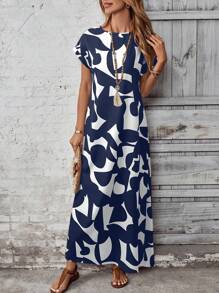 EMERY ROSE Women's Casual Dress With All-Over Print, Suitable For Vacation Navy Blue Maxi Dress Abstract Print Maxi Dress