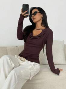 SHEIN EZwear Women's Elegant Night Out Shades Of Brown Solid Cutout Drape Collar Fitted Long Sleeve T-Shirt,Autumn Chocolate Brown Minimalism Goth Tops - Brown - View 6
