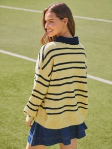 WESTFADE Suéter Polo Oversized de Manga Longa com Botões e Listras, Roupas Fofas de Volta às Aulas para o Outono, Country Concert - Multicolorido - Visão 4