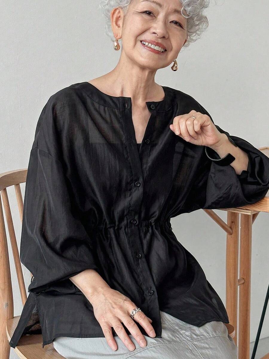 FRIFUL 女士宽松 V 领灯笼袖雪纺腰收腰休闲纯色长袖衬衫，秋季舒适 - 黑色 - 查看 1