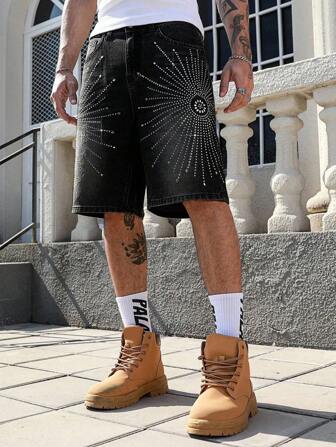 Shorts vaqueros informales para hombres con decoración de diamantes en el bolsillo