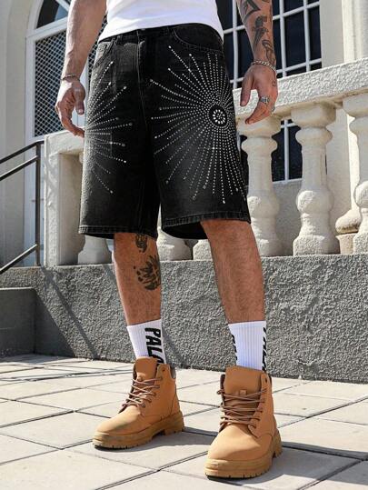 Street Life Men's Casual Diamond Decor Pocket Denim Shorts Jorts