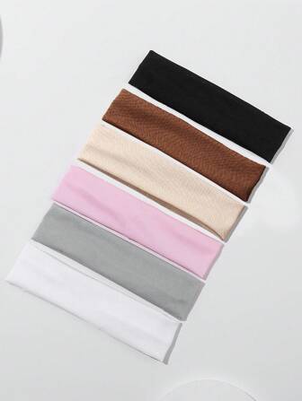 6 pièces Bandeaux élastiques de couleur unie, convenant pour le sport et l'usage décontracté