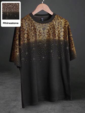 Street Life Maglietta a maniche corte da uomo con stampa leopardata e decorazioni in strass, adatta per l'uso quotidiano in primavera e estate