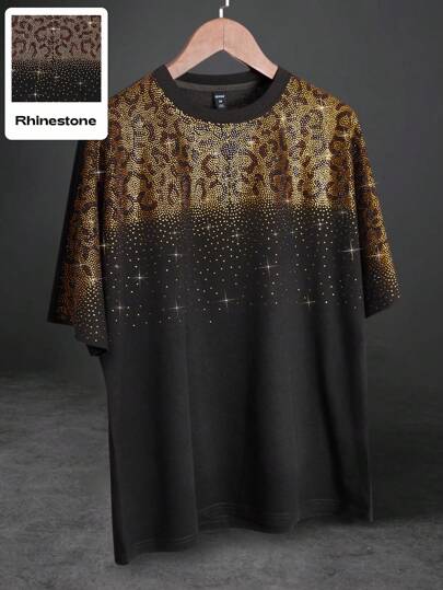 Street Life T-shirt à manches courtes pour homme, imprimé léopard et strass, idéal au quotidien, printemps-été