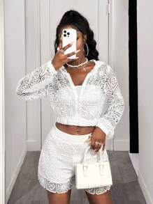 BamGleam Chic Autumn White Hollowed Out Casual Versatile Hoodie Jacket Pullover Fall - White - View 3