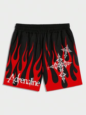 Street Life Pantalones cortos sueltos de hombre con cordón en la cintura, bolsillo en diagonal, estampado de cruz, llama y letra, para uso casual en la calle en verano