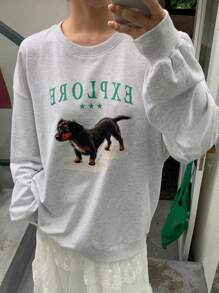 DAZY 女士宽松小狗印花圆领套头休闲运动衫 - 灰色 - 查看 2