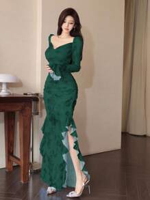 Modelyn 女士网眼花卉印花褶饰荷叶边下摆开衩优雅性感连衣裙 - 墨綠色 - 查看 7